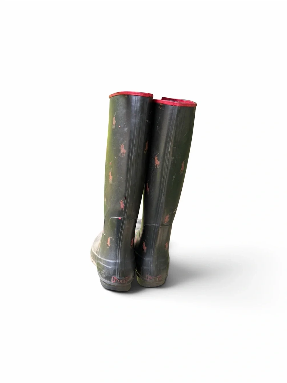 Polo by Ralph Lauren Black Tall Rubber Rain Boots with Red Pony Accents